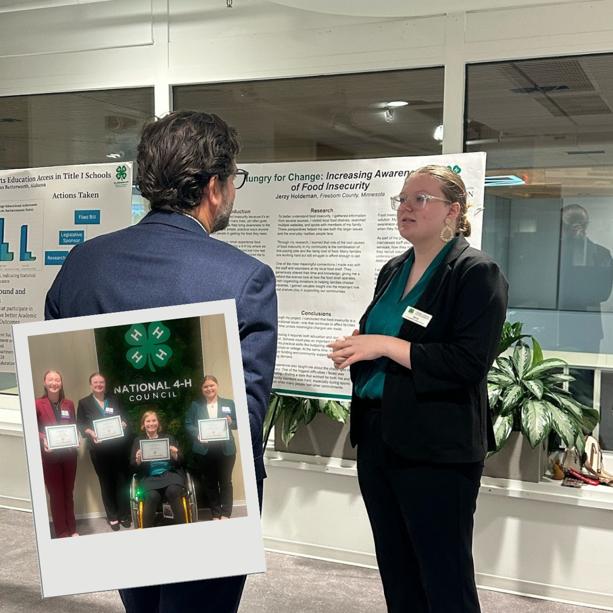 Minnesota student presenting a research project on food insecurity at a conference, with an inset photo of students holding certificates at the National 4-H Council, highlighting leadership and college readiness at Falcon View Online.