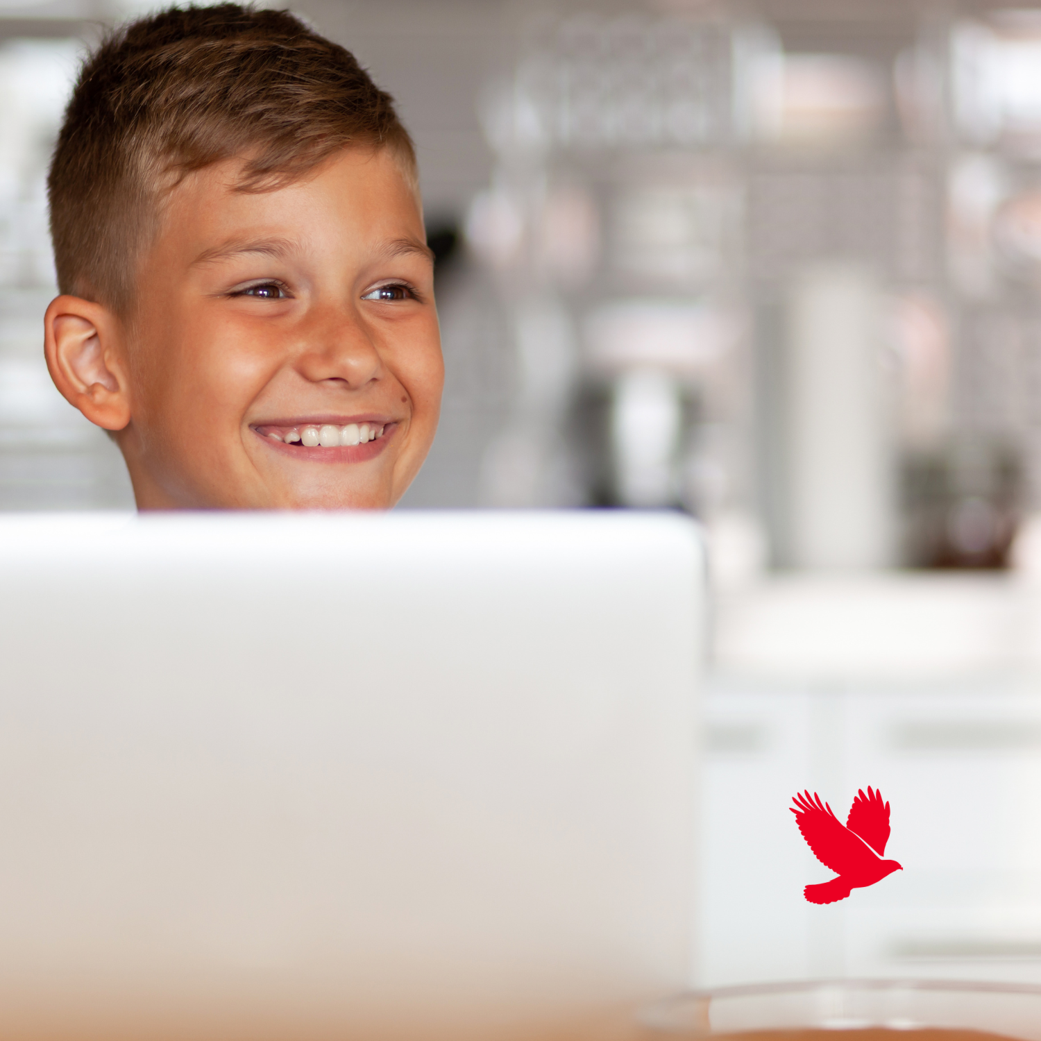 Smiling elementary student using a laptop at home for online learning with Falcon View Online.