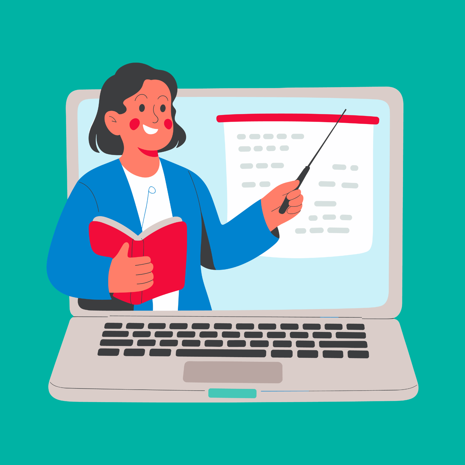 Illustration of online teacher leading virtual class on laptop screen, representing online learning and teacher support at Falcon View Online Minnesota.
