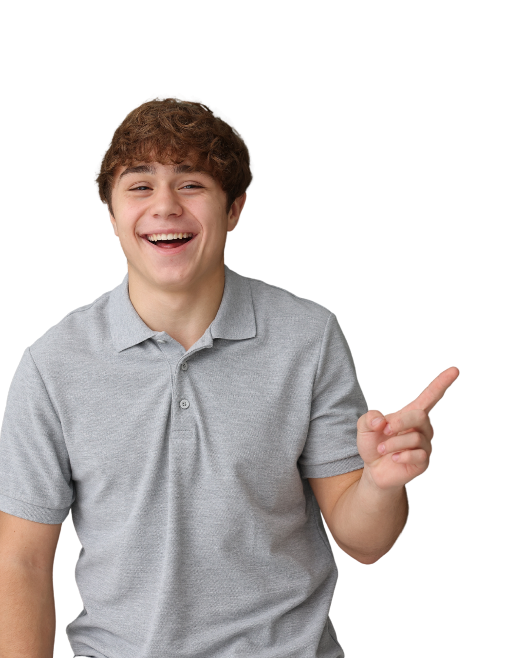 High school student smiling and pointing while engaging in online learning, representing student experience at Falcon View Online Minnesota.